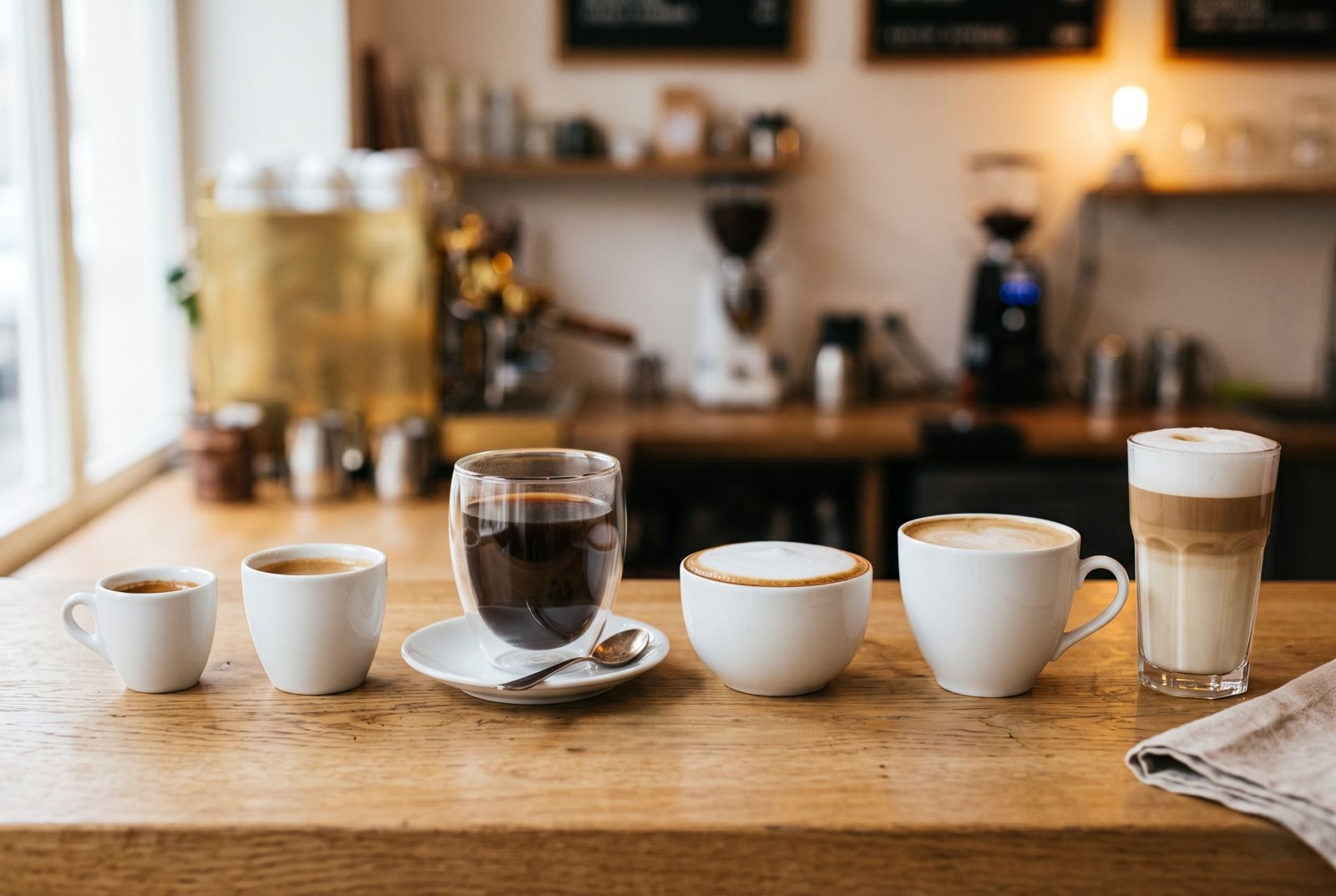Verschiedene Arten von Kaffeetassen in einer Reihe