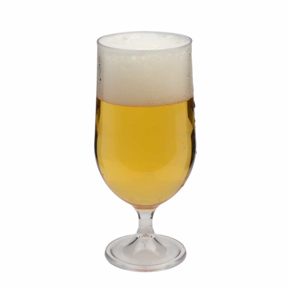 Transparentes Plastikbierglas auf Fuß mit einem Fassungsvermögen von 57 cl., Farbe gemischt