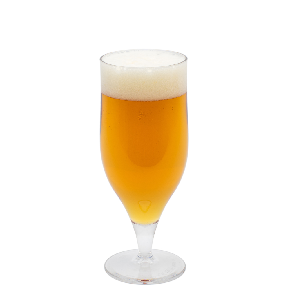 Bierglas auf Fuß 33 cl. aus transparentem Kunststoff, bedruckbar oder gravierbar, Farbe gemischt