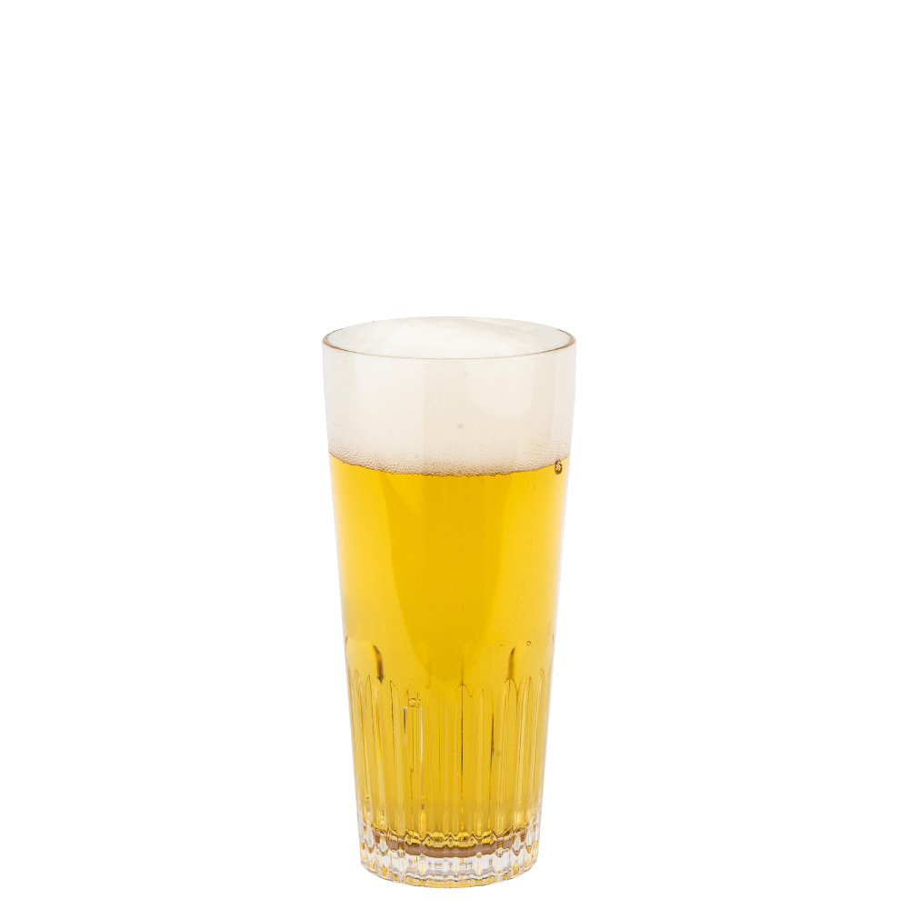transparentes Bierglas aus Kunststoff gerippt und mit einem Fassungsvermögen von 30 cl. Druck und Gravur, Farbe gemischt