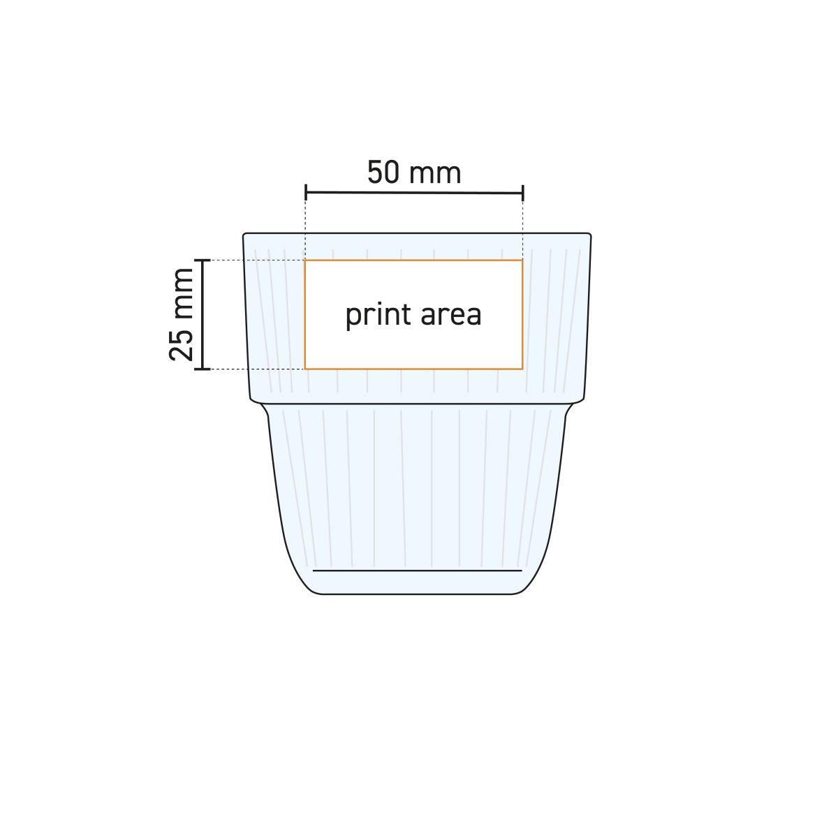 Technische Arbeitszeichnung von Barshine Tumbler Glas 21 cl mit markierter Druckfläche für die Platzierung des Logos.
