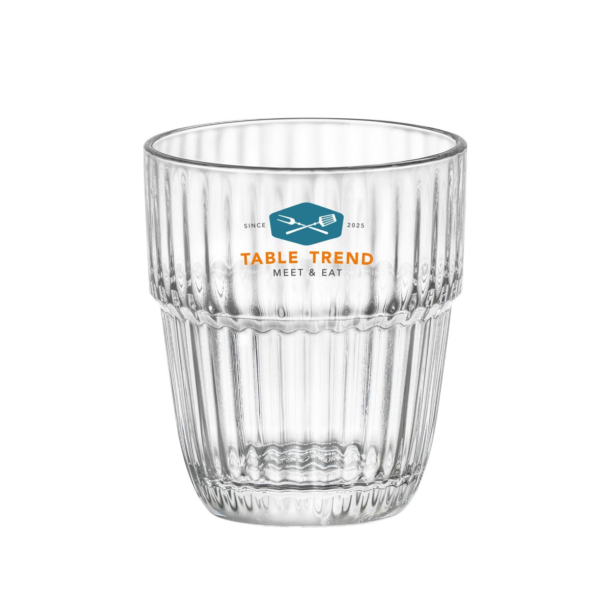 Barshine Tumbler Glas 21 cl mit mehrfarbigem TableTrend Logo auf der Vorderseite.