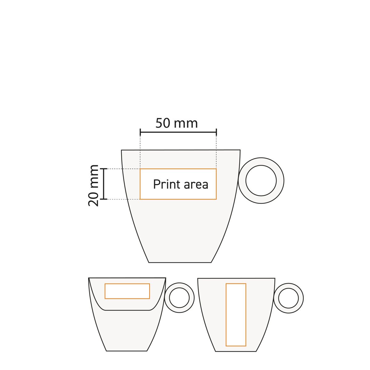 Die Arbeitszeichnung zeigt die Druckfläche auf der Bart-Kaffeetasse aus mattem Porzellan für die Platzierung des Logos.