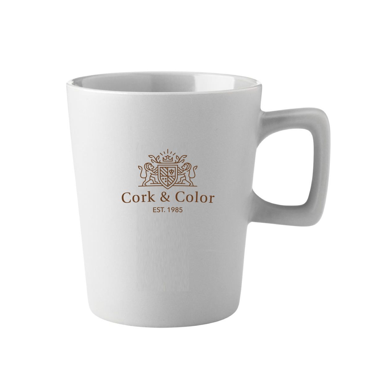 Weißer Calvin-Becher 29 cl. Porzellan mit Logo in einer Farbe KorkFarbe auf der Vorderseite sichtbar.