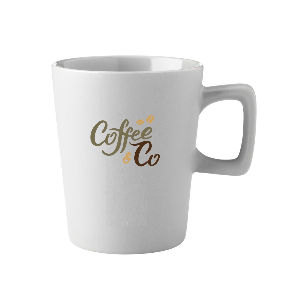 Calvin Becher 29 cl. Porzellan mit buntem CoffeeCo-Logo in verschiedenen Farben auf der Vorderseite.