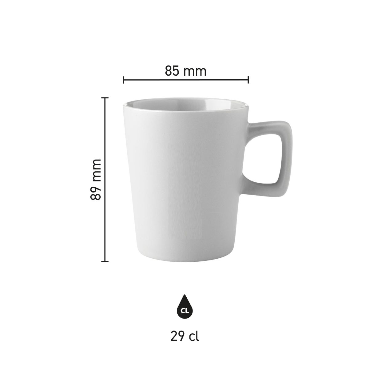Infografik zeigt die Höhe und den Durchmesser des Calvin Bechers 29 cl. Porzellan mit Maßlinien.