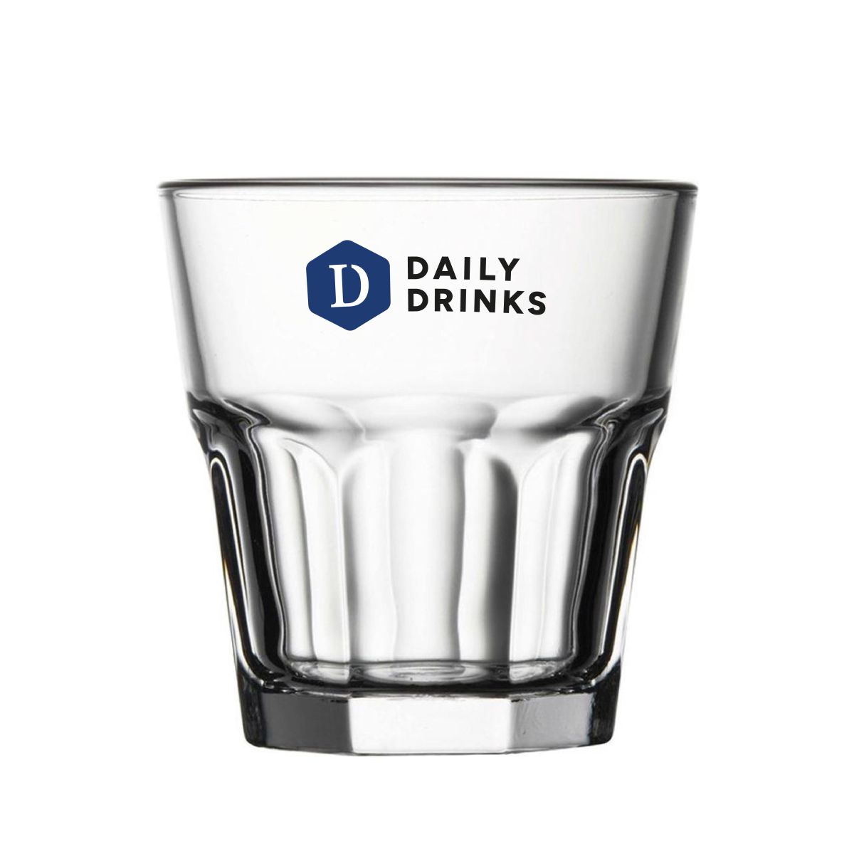 Druck des DailyDrinks-Logos in 2-4 Farben auf die Vorderseite des Casablanca Rocks-Glases 35 cl.