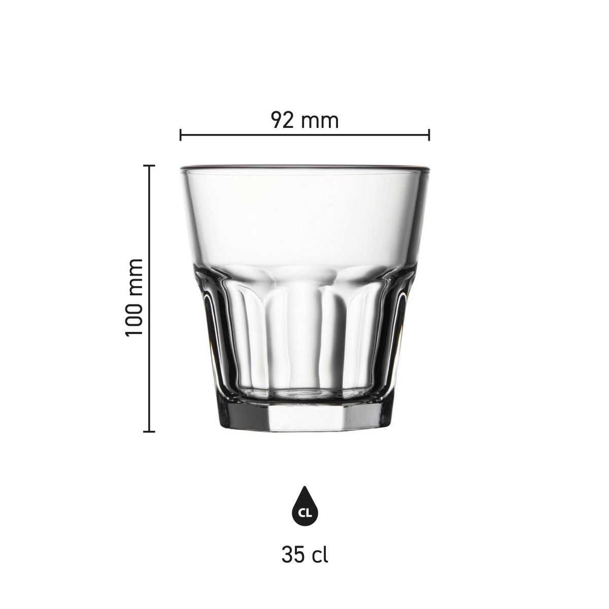 Infografik mit den Produktabmessungen des Casablanca Rocks Glas 35 cl, einschließlich Höhe und Durchmesser.
