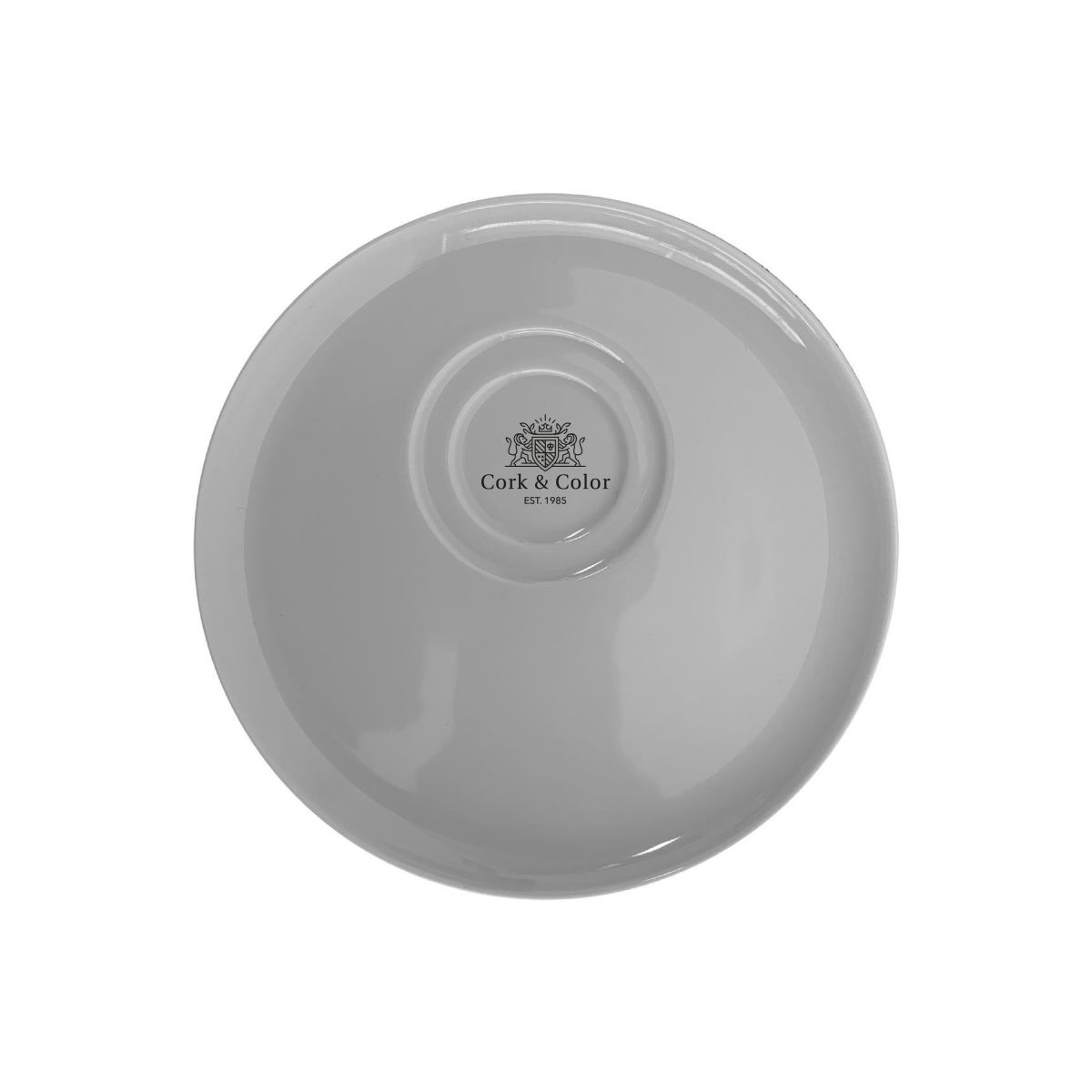 Delta Untertasse 15 cm aus weißem Porzellan mit einfarbigem CorkColor-Logo auf der Vorderseite