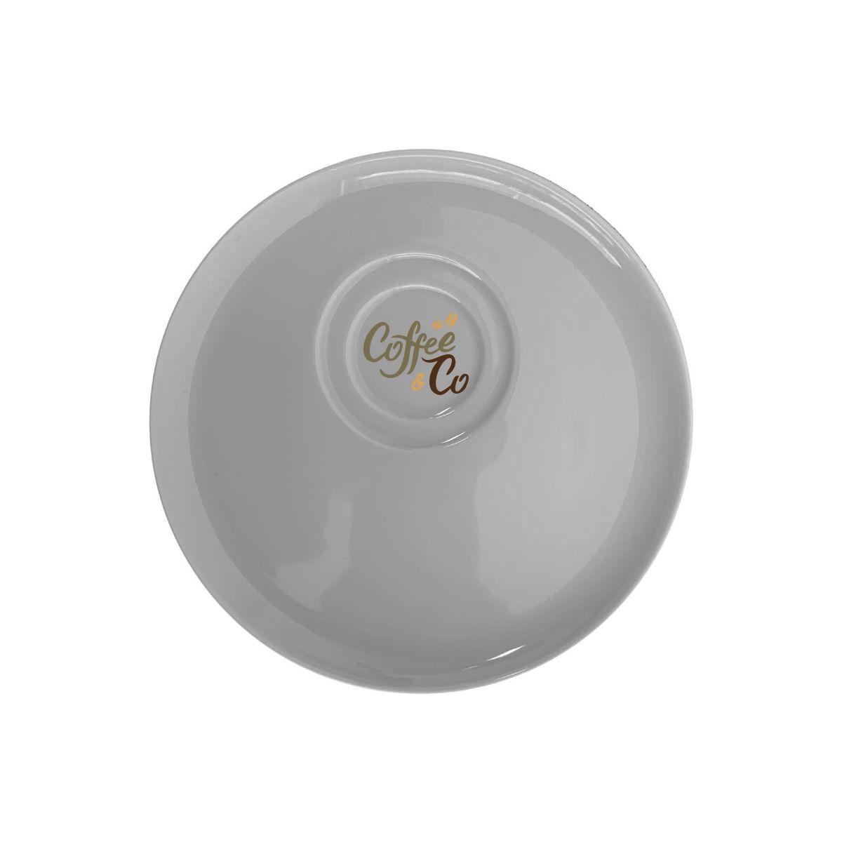 Porzellan Delta Untertasse 15 cm mit CoffeeCo Logo in mehreren Farben auf der Vorderseite, bedruckte Kaffeeuntertasse.