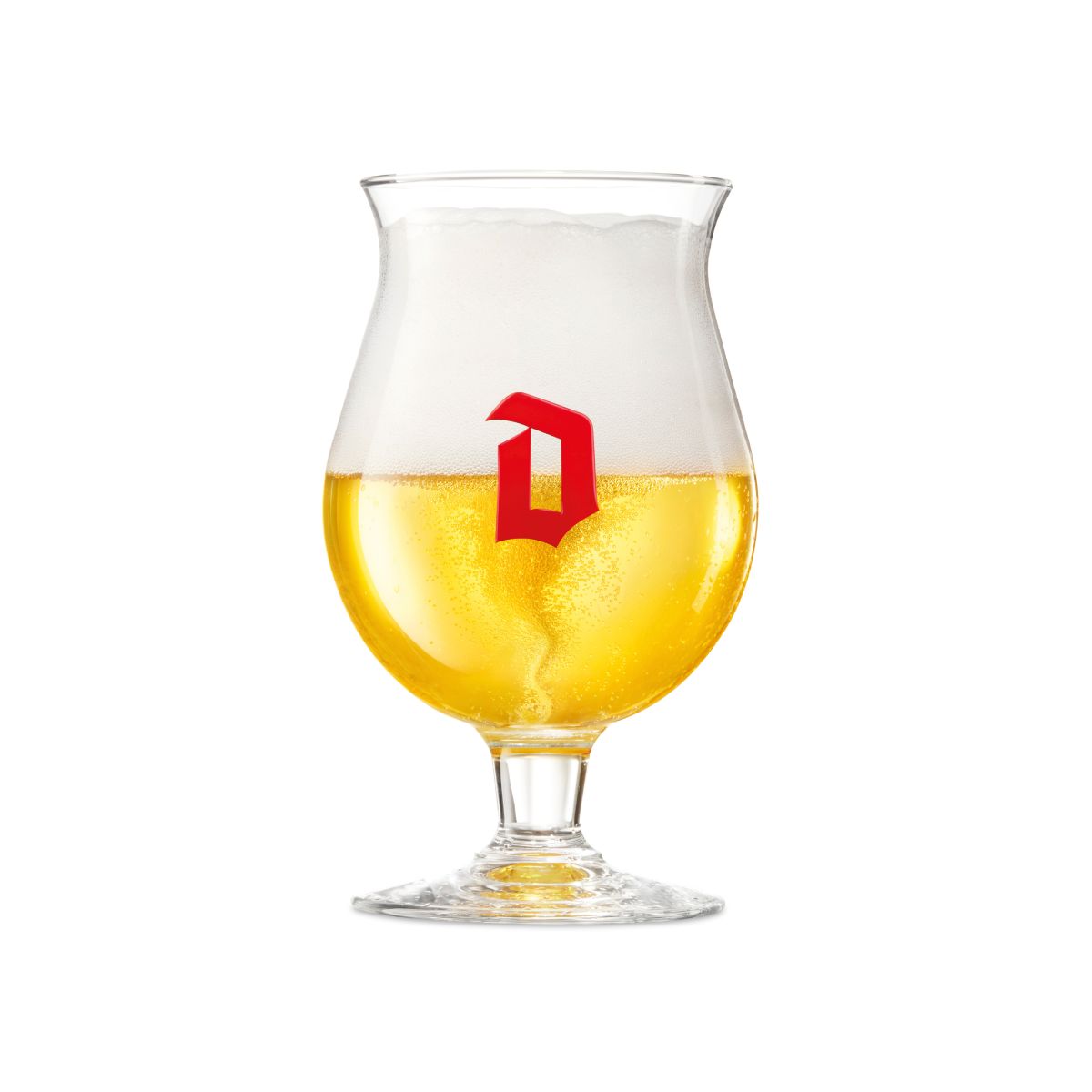 Vorderansicht des Duvel Bierglases 33 cl aus Klarglas mit tulpenförmigem Kelch und kurzem Stiel auf stabilem Fuß