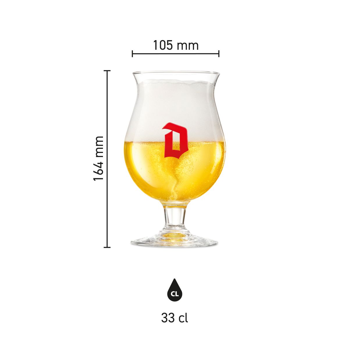 Infografik zum Duvel-Bierglas 33 cl mit übersichtlicher Darstellung der Produktabmessungen wie Höhe, Durchmesser und Inhalt