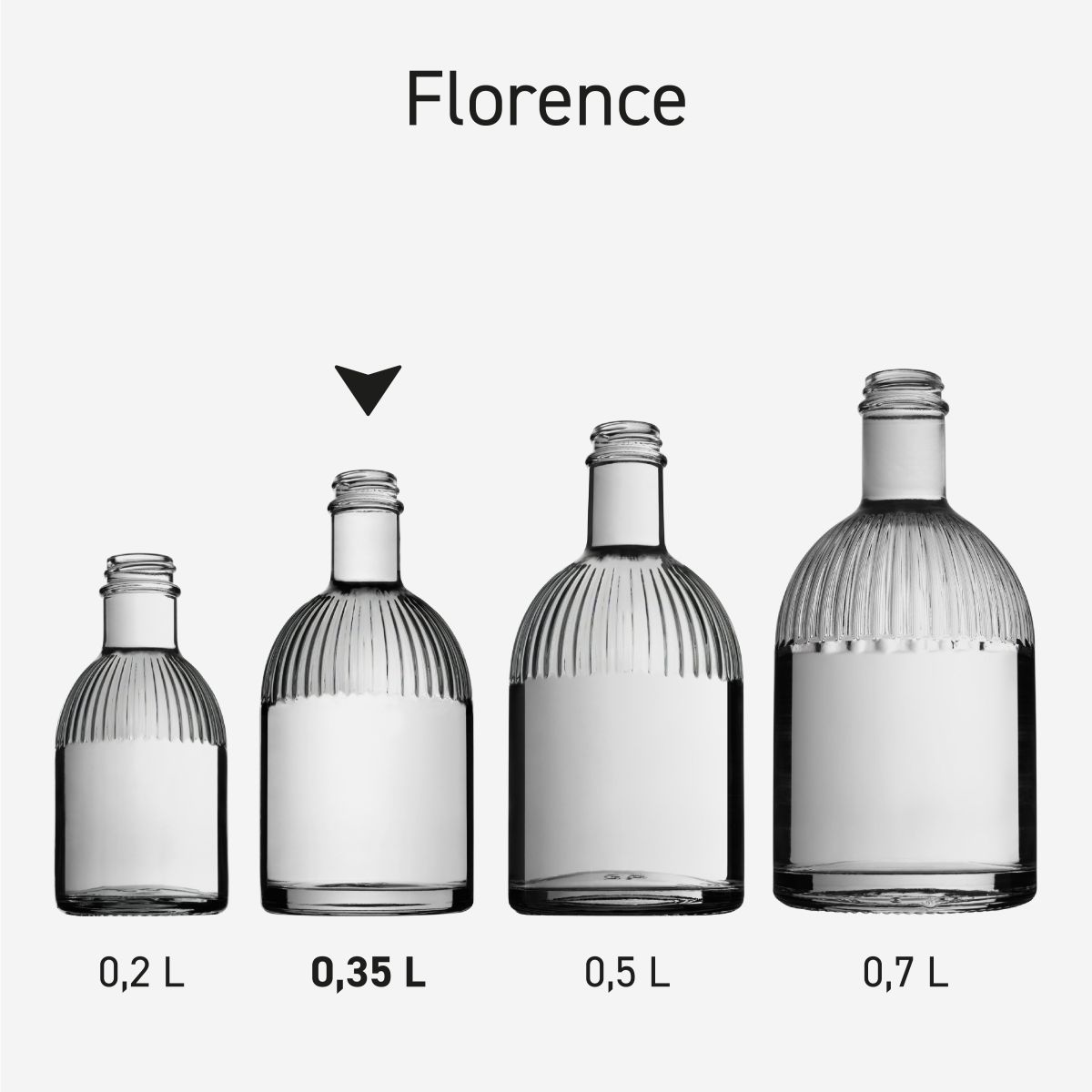 Serie von Flaschen aus Florenz in Glas, die nebeneinander angeordnet sind, um Variationen und Einheitlichkeit zu zeigen.