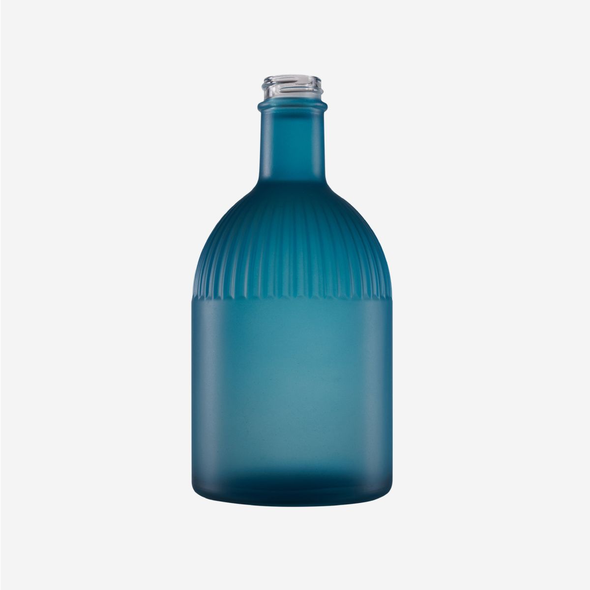 Flasche Florence 0,5 Liter aus blauem Klarglas, Vorderansicht mit Betonung von Form und Inhalt