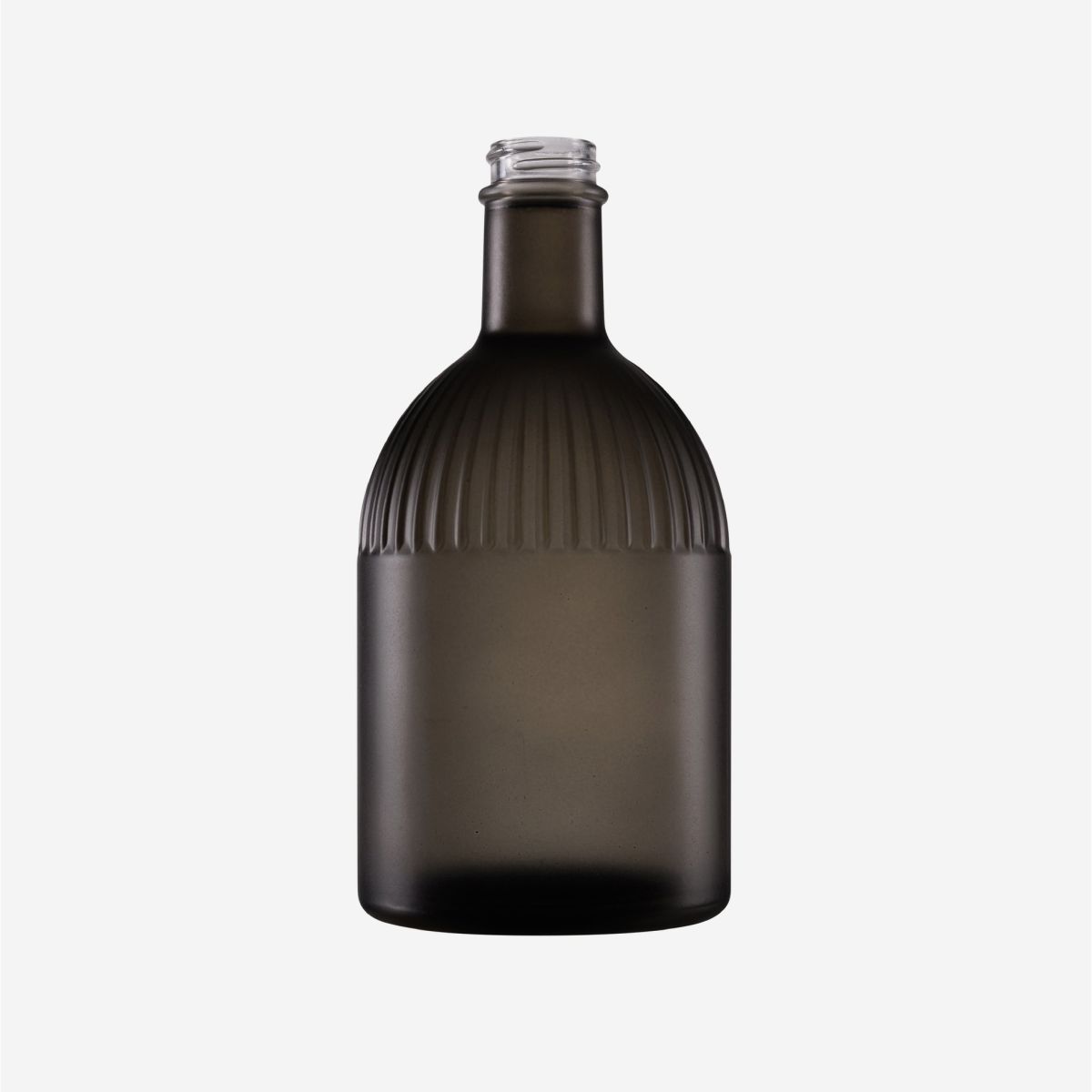 Flasche Florence 0,5 Liter aus schwarzem Klarglas, Vorderansicht mit Betonung von Form und Inhalt