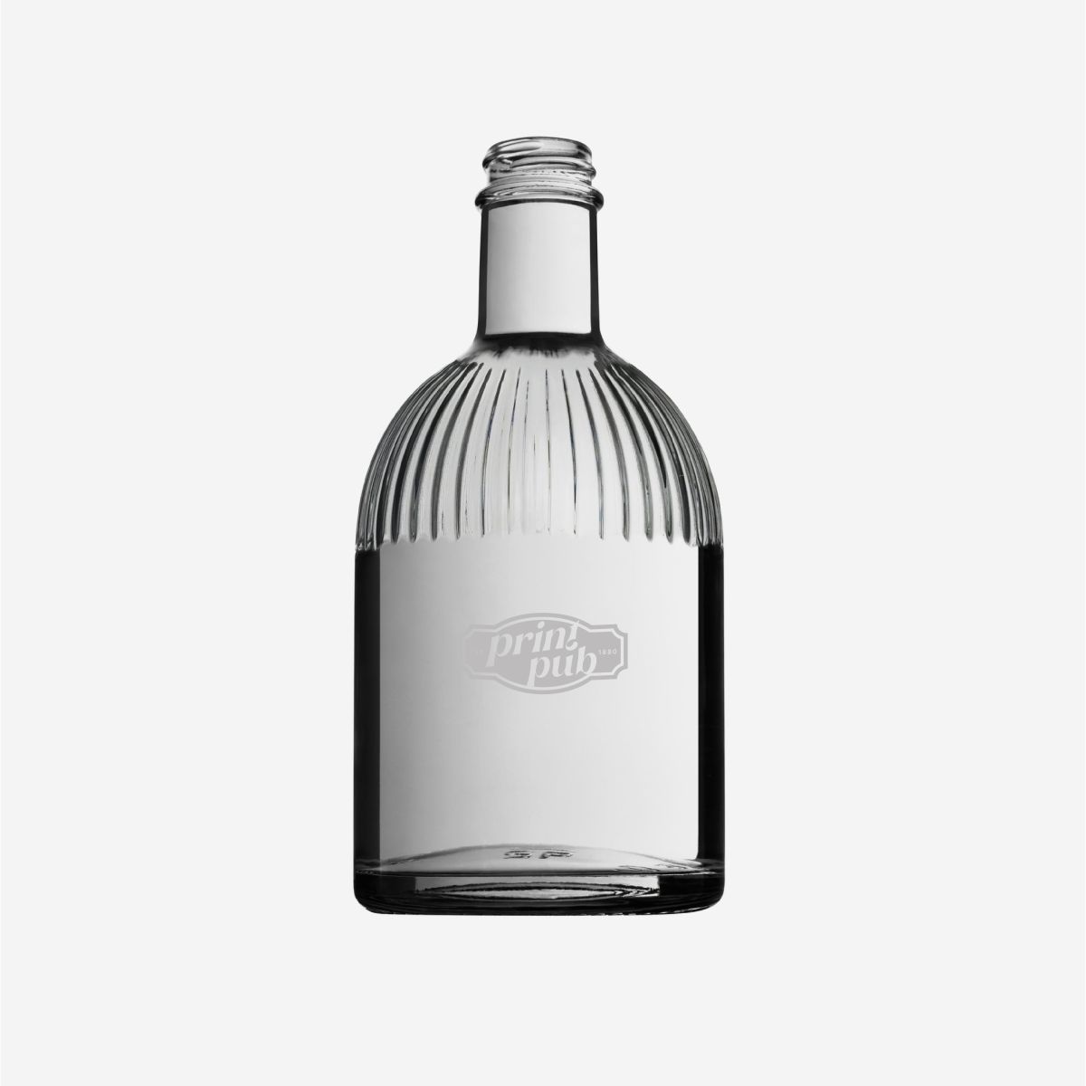 Flasche Florence 0,5 Liter mit eingraviertem PrintPub-Logo auf der Vorderseite, sichtbar in enger Frontalansicht.