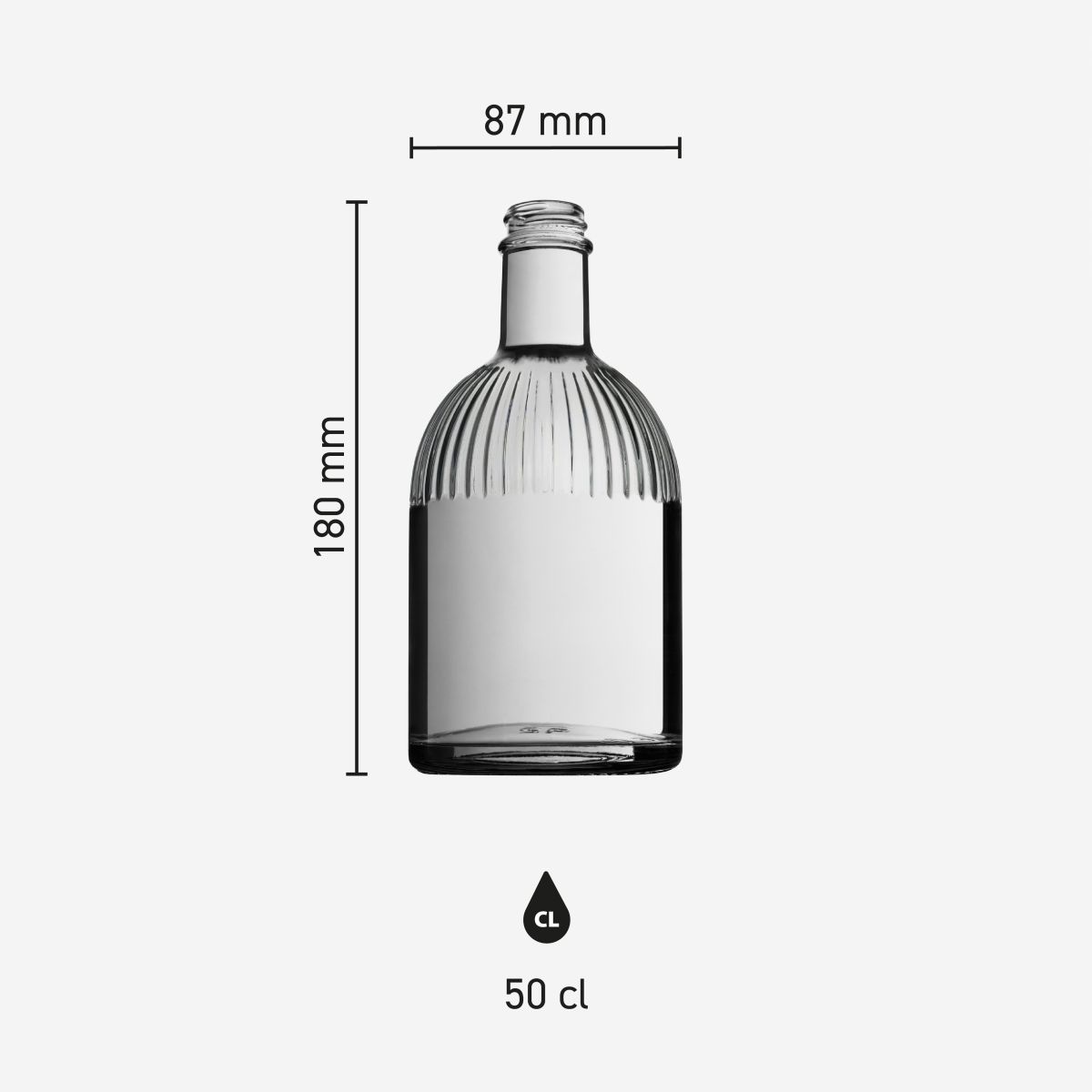 Infografik der Flasche Florence 0,5 Liter mit Produktabmessungen: Höhe, Durchmesser und Inhalt