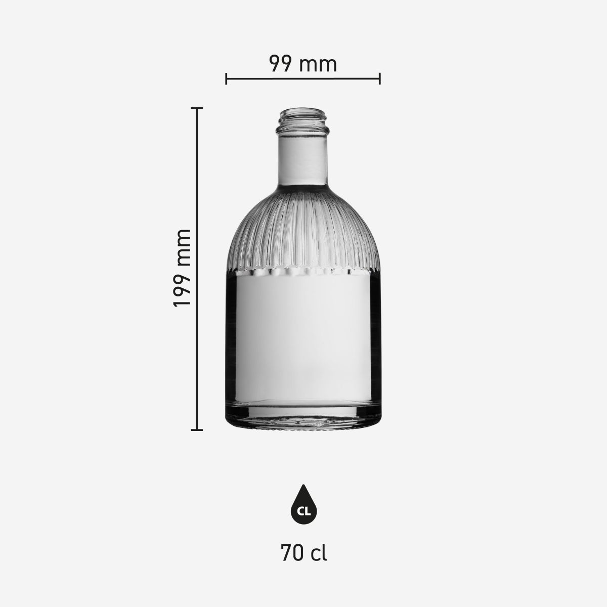 Infografik der Flasche Florence 0,7 Liter mit Produktabmessungen: Höhe, Durchmesser und Inhalt