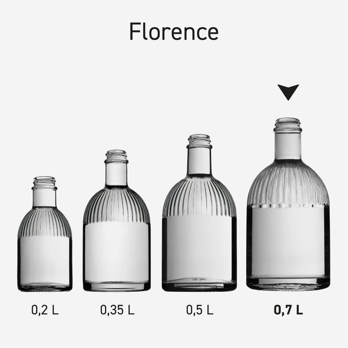Serie von Florence-Flaschen aus Glas nebeneinander, mit einheitlicher Form und Optik