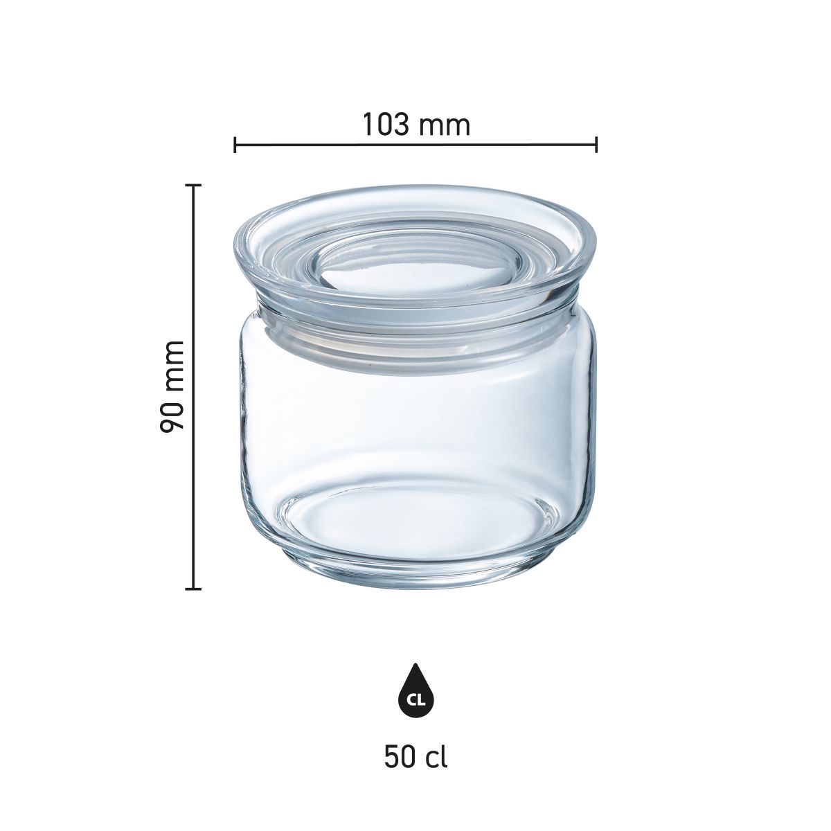 Infografik mit den Produktabmessungen eines 0,5-Liter-Glasgefäßes mit Deckel, klar und übersichtlich.