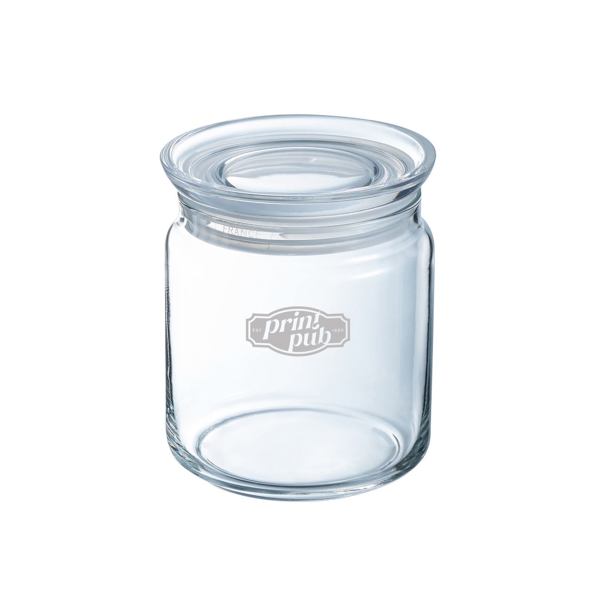 Glass mit Deckel 0,75 Liter und eingraviertem PrintPub-Logo auf der Vorderseite.