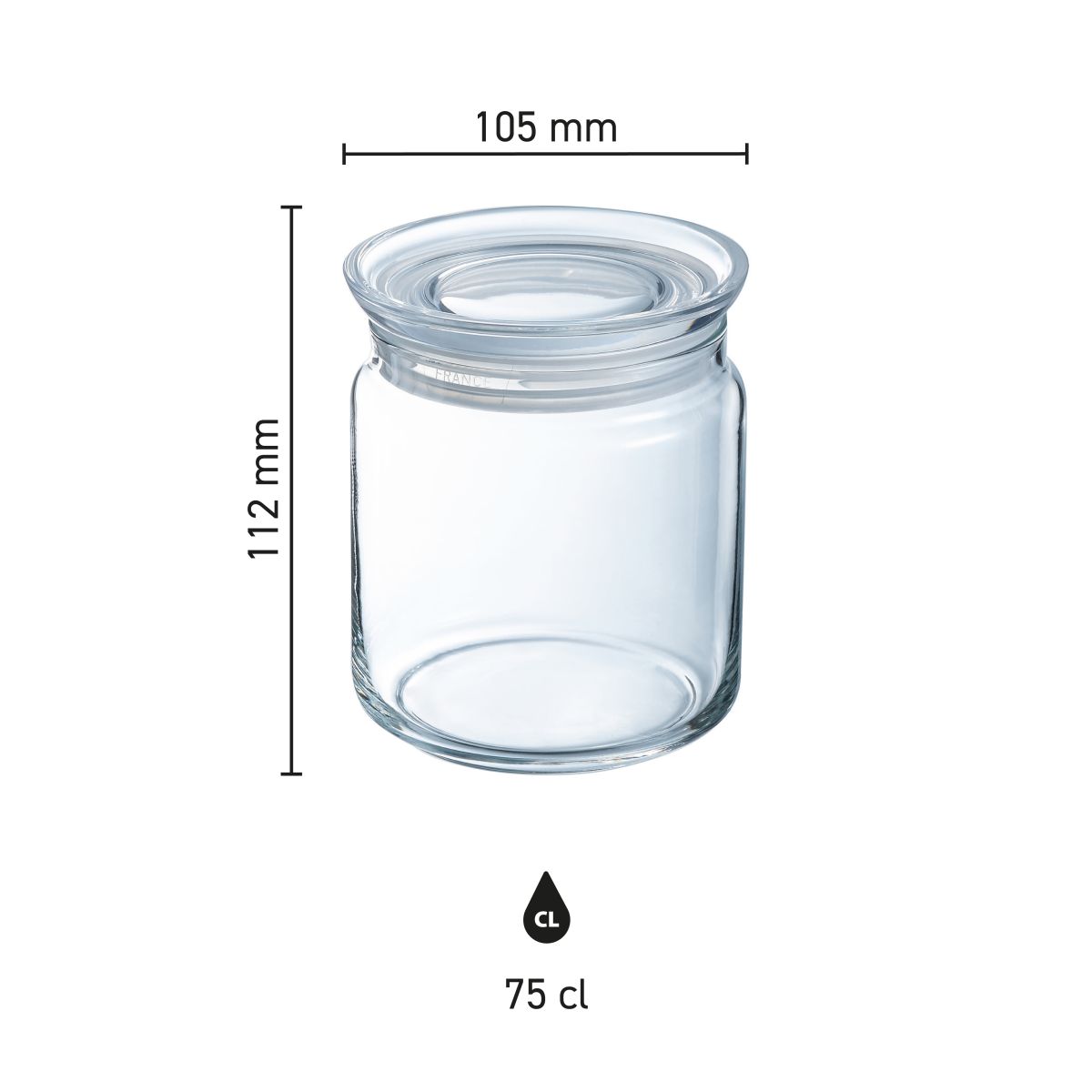 Infografik mit den Abmessungen eines 0,75-Liter-Glasgefäßes mit Deckel, klar und übersichtlich.