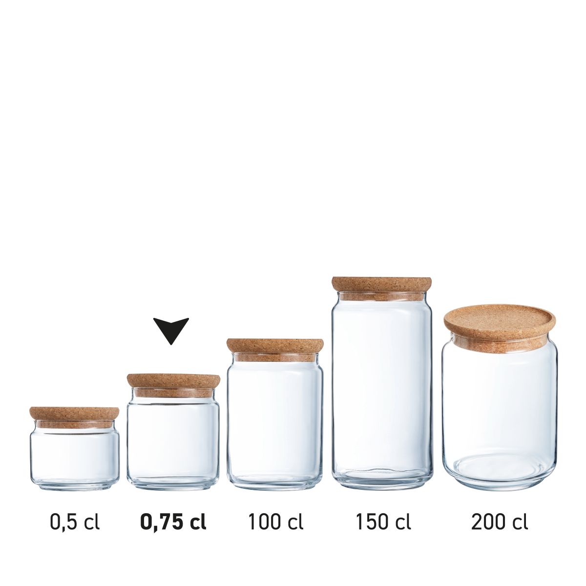 Serie von 0,75-Liter-Glasgefäßen mit Korkdeckeln, dargestellt als Produktübersicht.