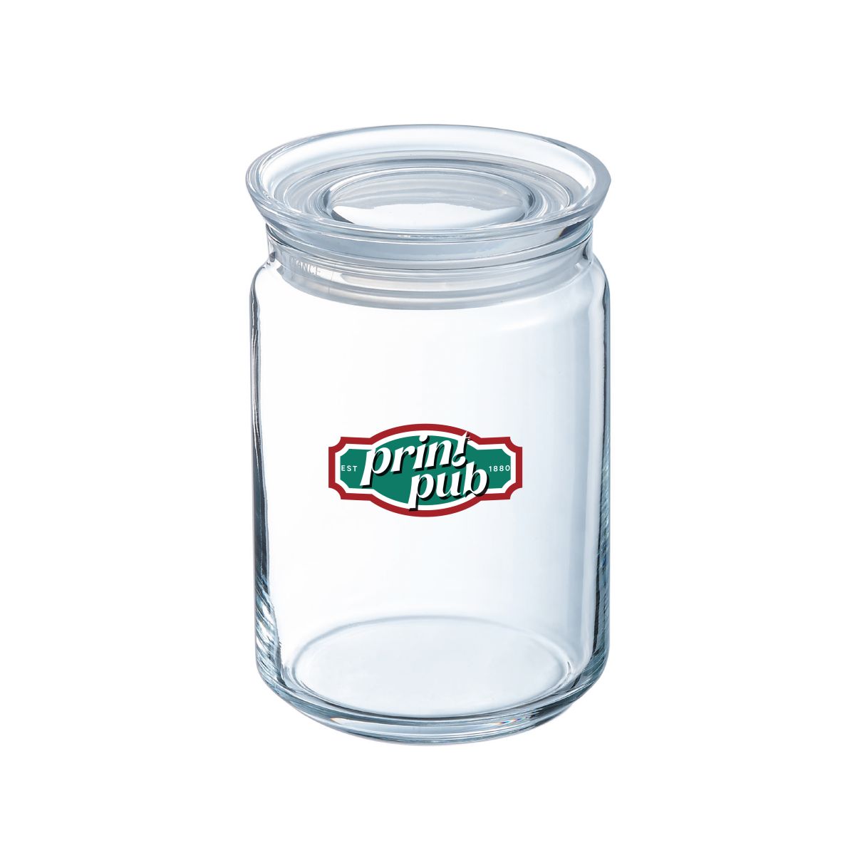 Glass mit Deckel 1 Liter und PrintPub-Logo in mehreren Farben auf der Vorderseite.