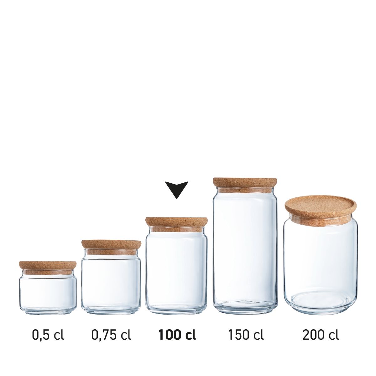 Serie von Glasgefäßen in verschiedenen Größen mit Korkdeckeln, dargestellt als Produktübersicht.