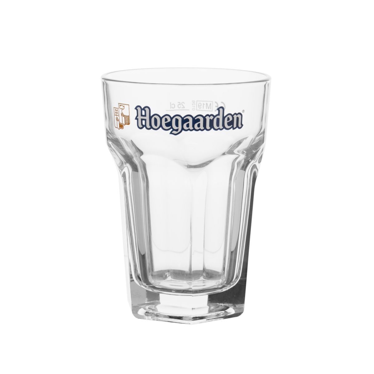 Bierglas Hoegaarden 25 cl. aus klarem Glas, dargestellt in der Vorderansicht mit breitem Kelch und stabilem Fuß.