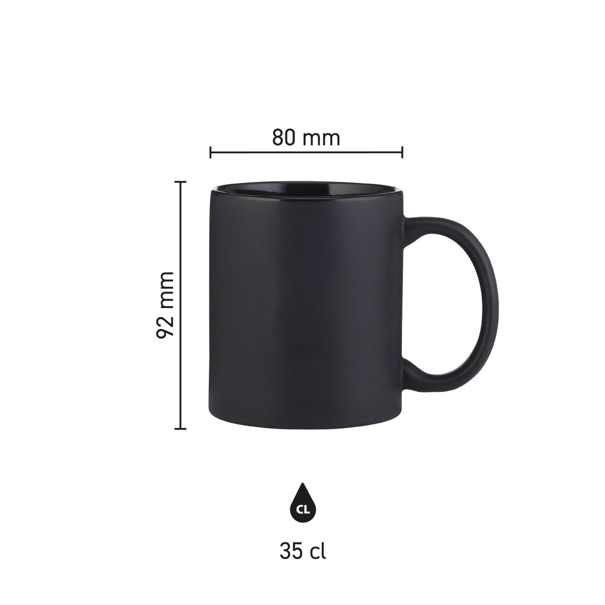 Infografik zeigt die Abmessungen von Kitty Becher matt 35 cl. Porzellan mit Höhe und Durchmesser Details.
