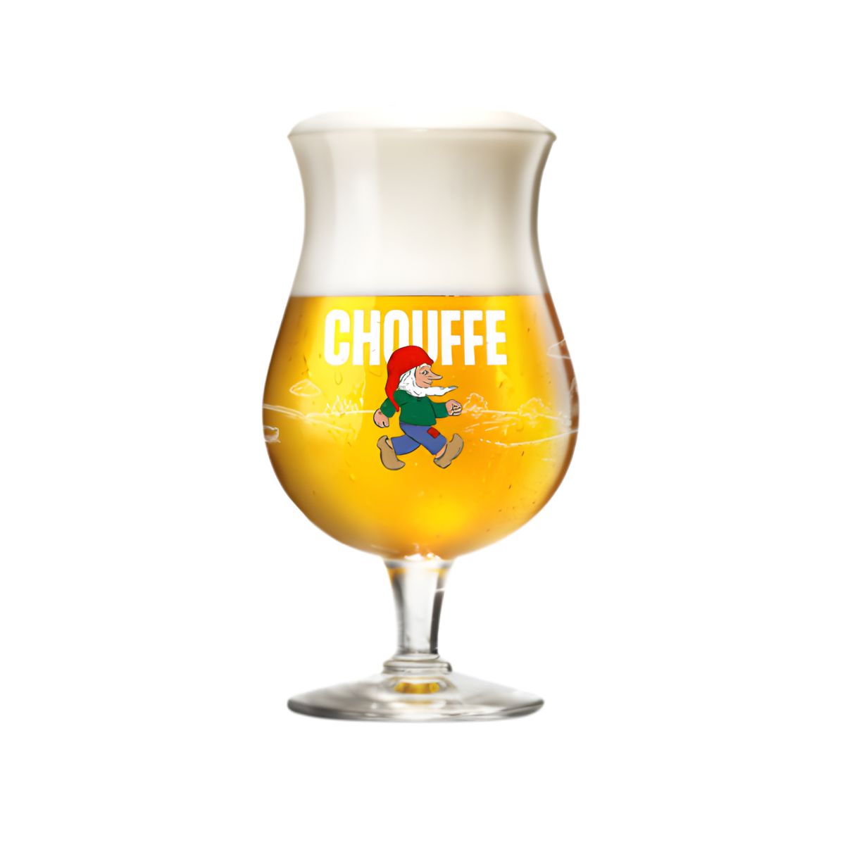 Vorderansicht des Bierglases La Chouffe 33 cl aus klarem Glas mit charakteristischer konvexer Form und stabilem Boden