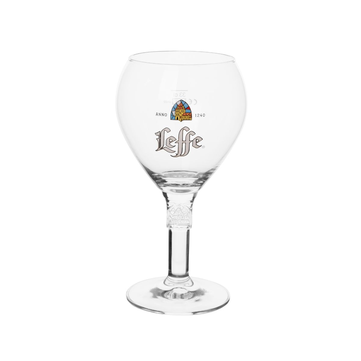 Transparentes 33 cl Leffe Bierglas mit Kelchform und Logo auf der Vorderseite aus Klarglas.