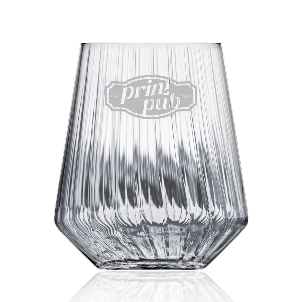 Melody lines Becher 40 cl. Glas mit eingraviertem PrintPub Logo auf der Vorderseite.