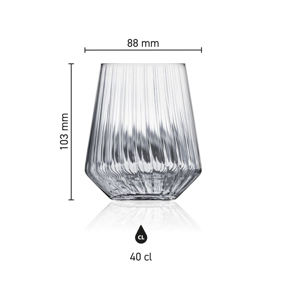 Infografik mit den Abmessungen des Melody lines Becherglases 40 cl. einschließlich Höhe und Durchmesser.
