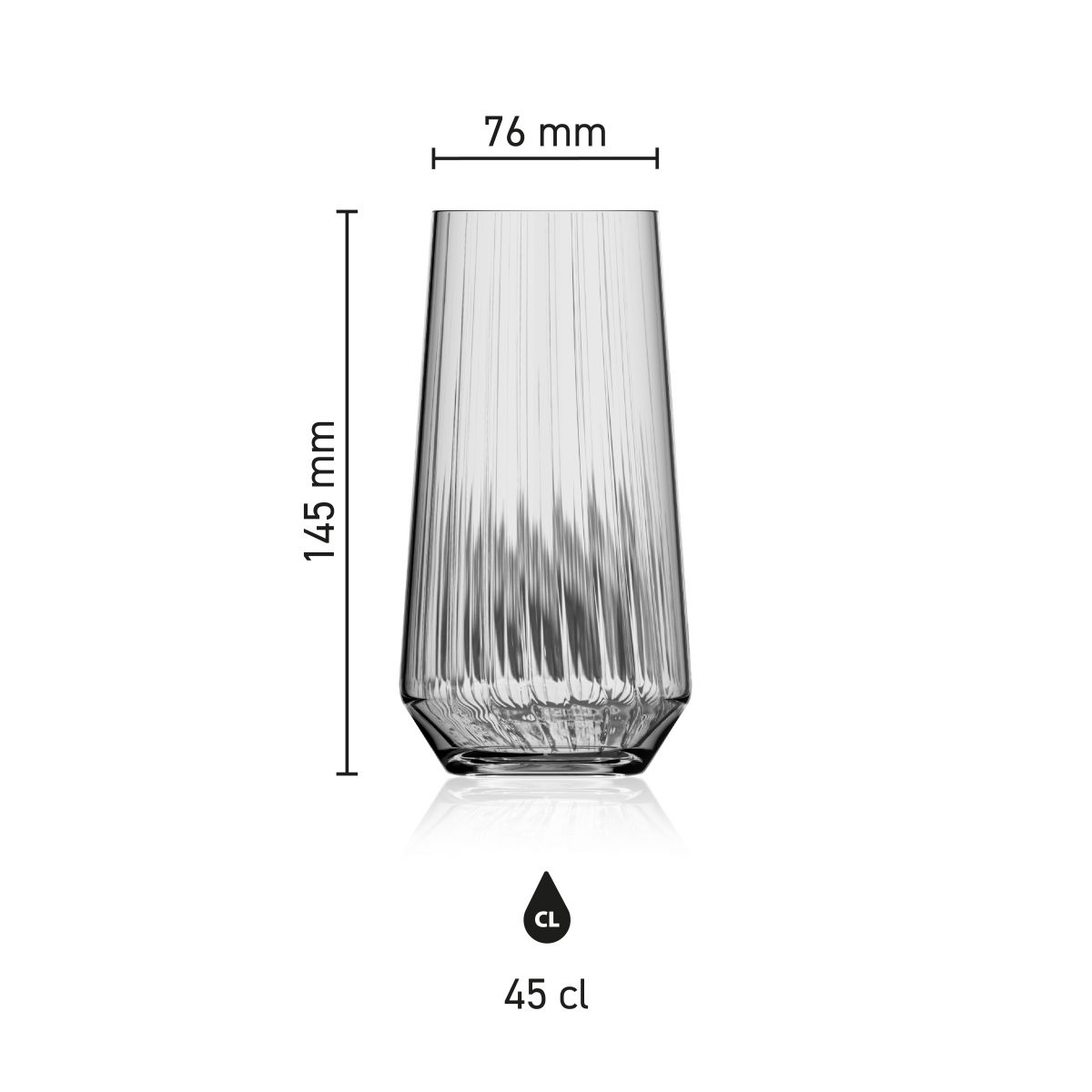 Infografik mit den Produktabmessungen von Melody lines tumbler 45 cl Glas einschließlich Durchmesser und Höhe.