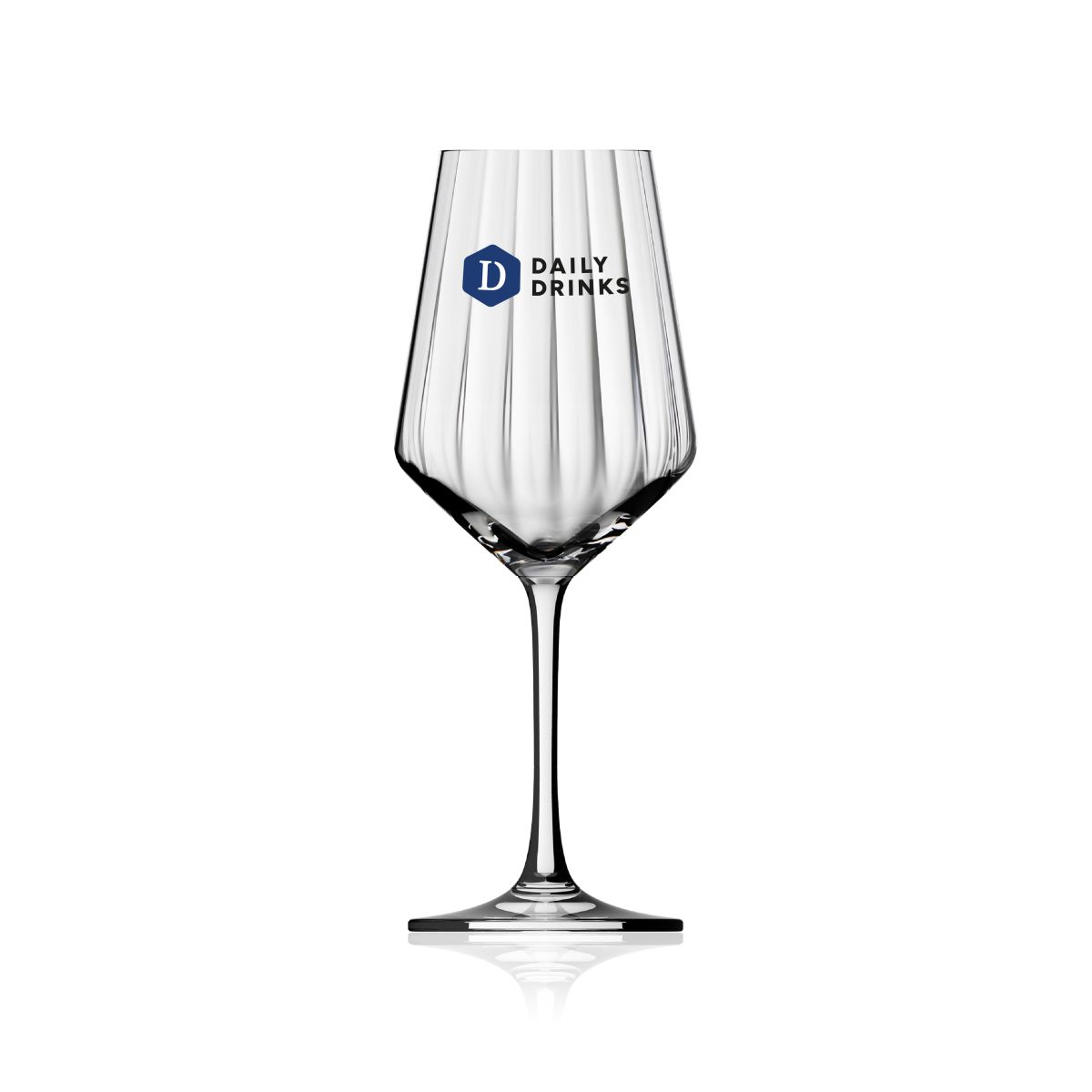 Melody lines Weinglas 35 cl. aus Glas mit mehrfarbigemDailyDrinks Logo auf dem Kelch, gut sichtbar auf der Vorderseite.