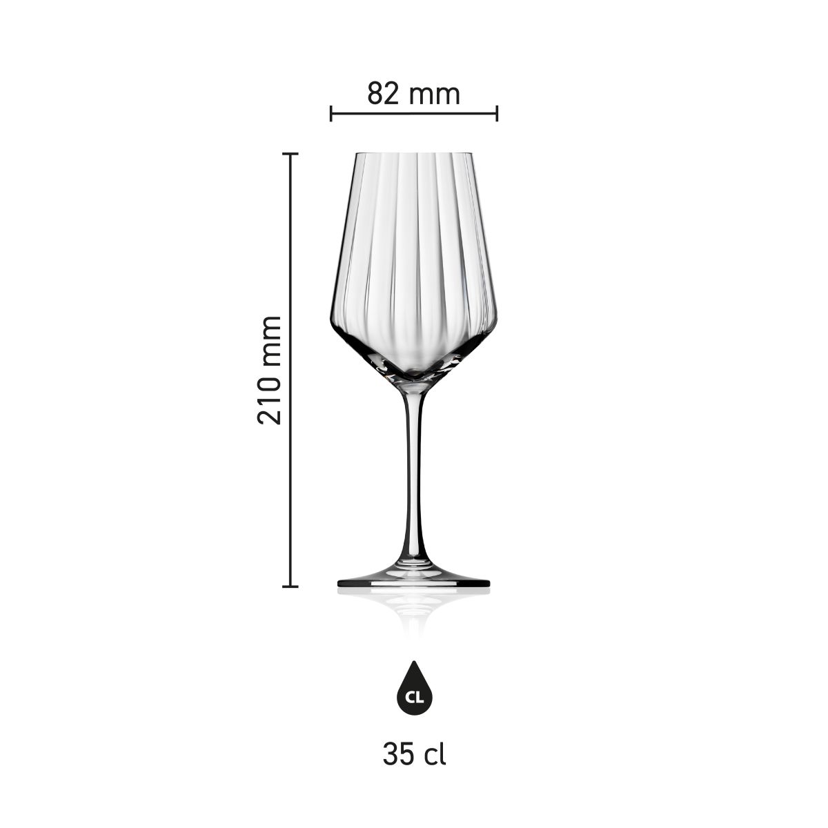 Infografik mit den Abmessungen des Weinglases Melody lines 35 cl, einschließlich Höhe, Kelchdurchmesser und Fassungsvermögen.