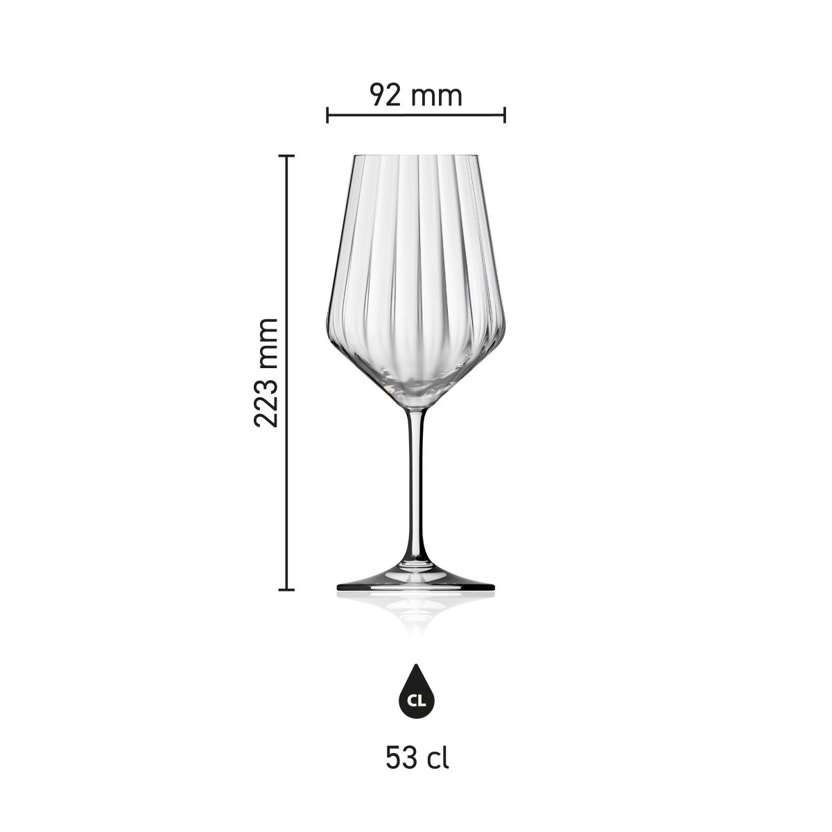 Die Infografik zeigt Höhe, Kelchdurchmesser und Fassungsvermögen des Melody lines Weinglases 53 cl in Klarglas.