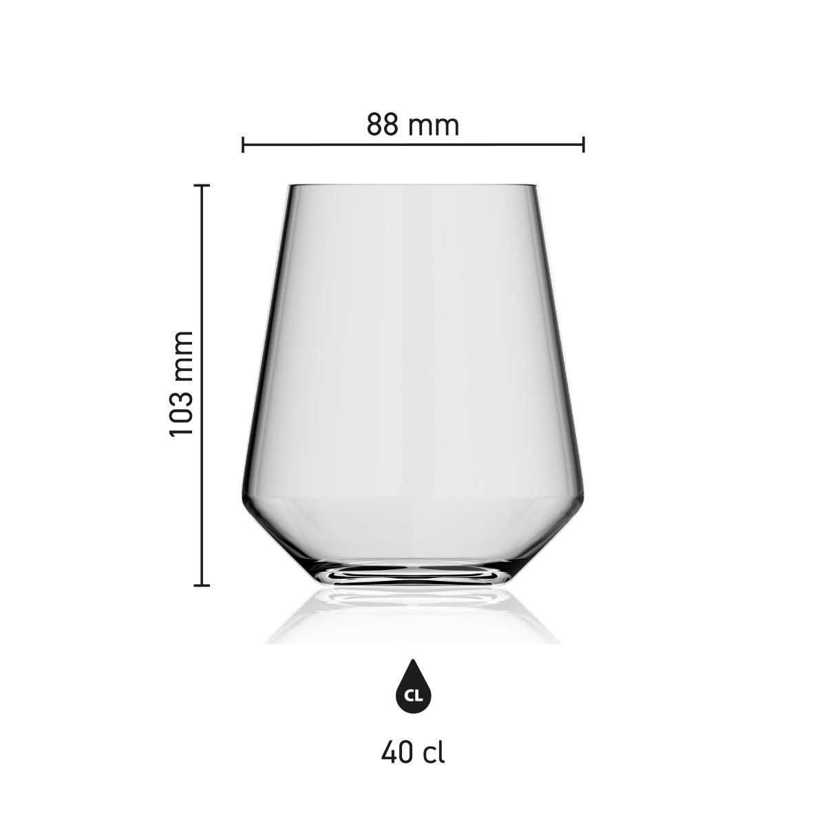 Übersicht mit Maßen des Glasbechers Melody 40 cl. inklusive Höhe, Durchmesser und Fassungsvermögensangabe.
