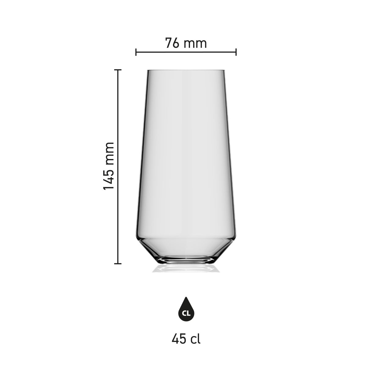 Infografik mit den Abmessungen des Melody Bechers 45 cl: Höhe, Durchmesser und Fassungsvermögen