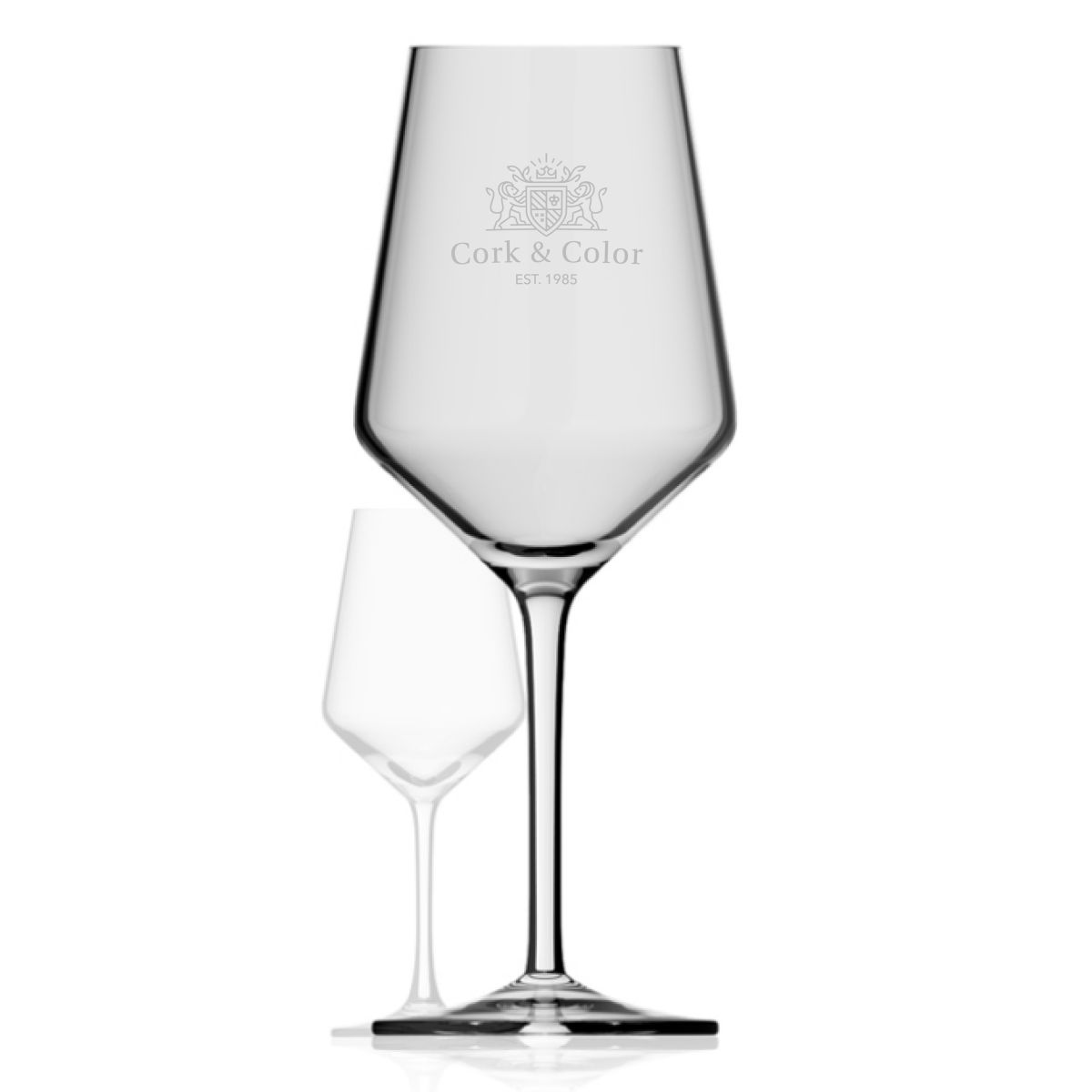 CorkColor Logo als feine Gravur auf der Vorderseite des Melody XXL Weinglases, 2,0 Liter Glas.
