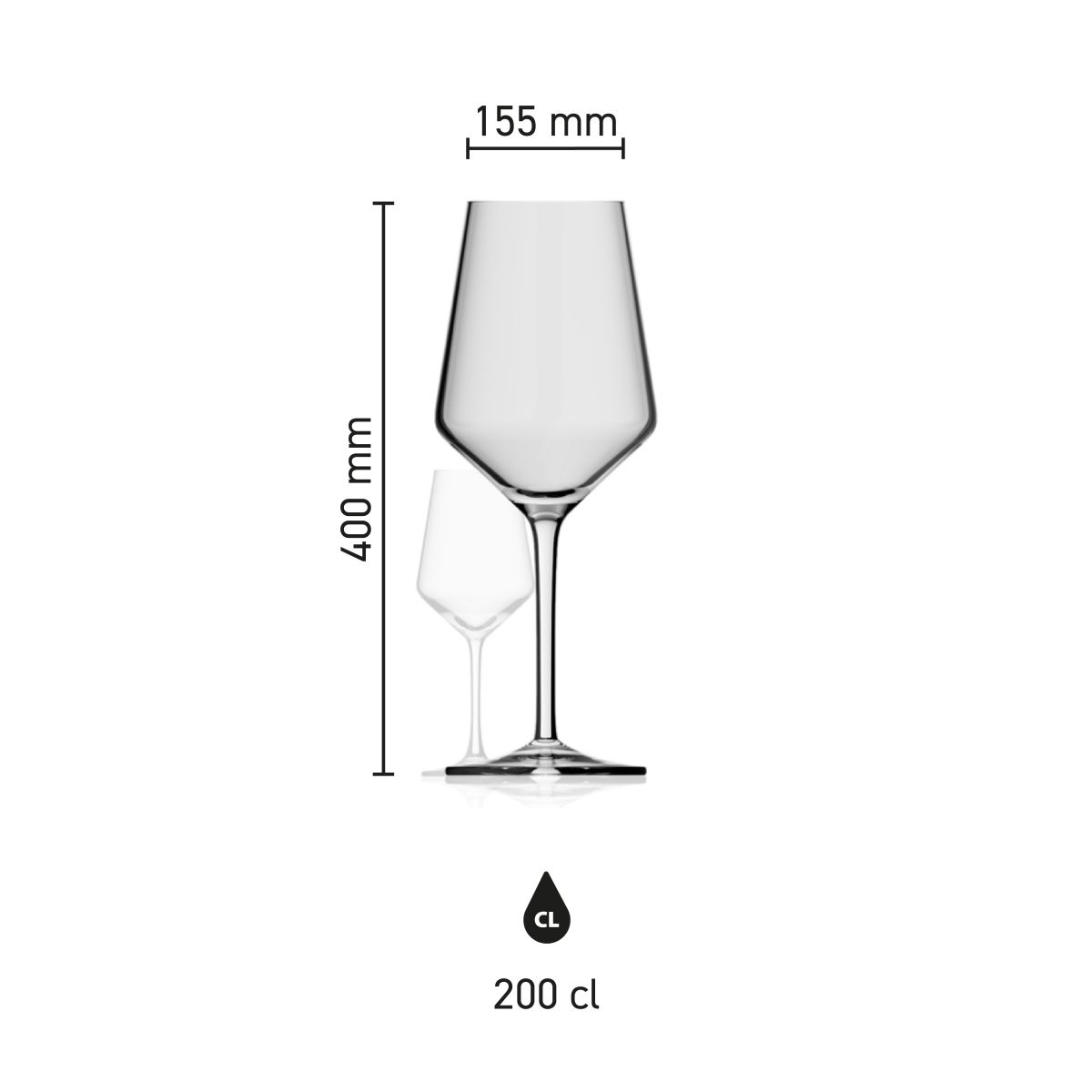 Infografik zu den Abmessungen des Melody XXL Weinglases 2,0 Liter, mit Angabe von Höhe und Durchmesser.