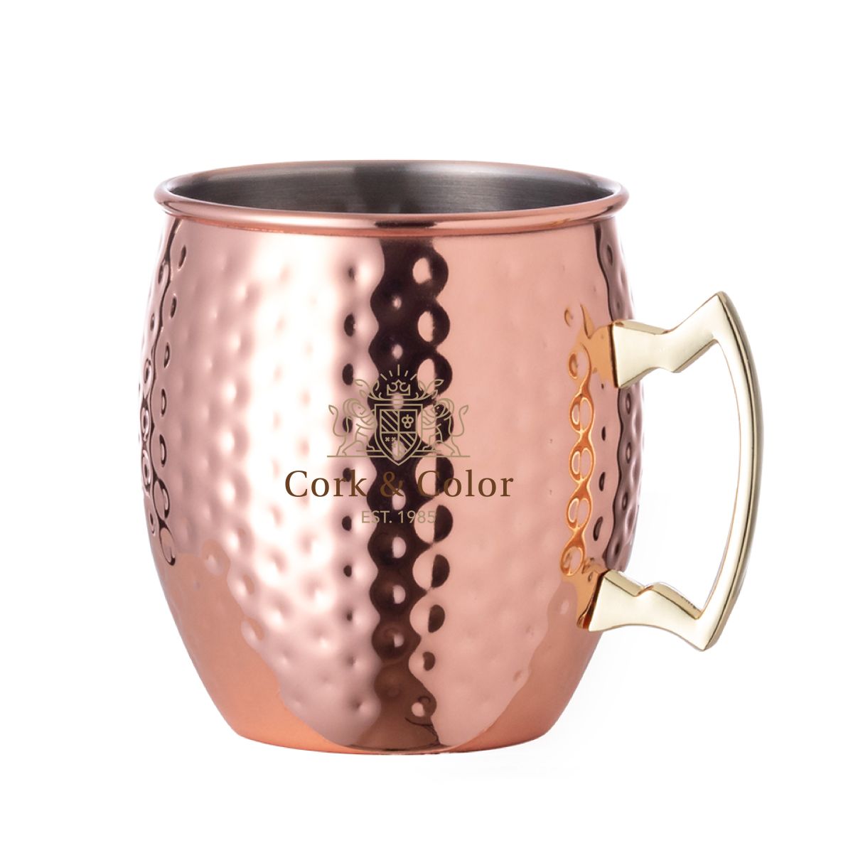 Moscow Mule Becher 50 cl aus gehämmertem Edelstahl mit mehrfarbigem Logo auf der Vorderseite, elegant und gut sichtbar