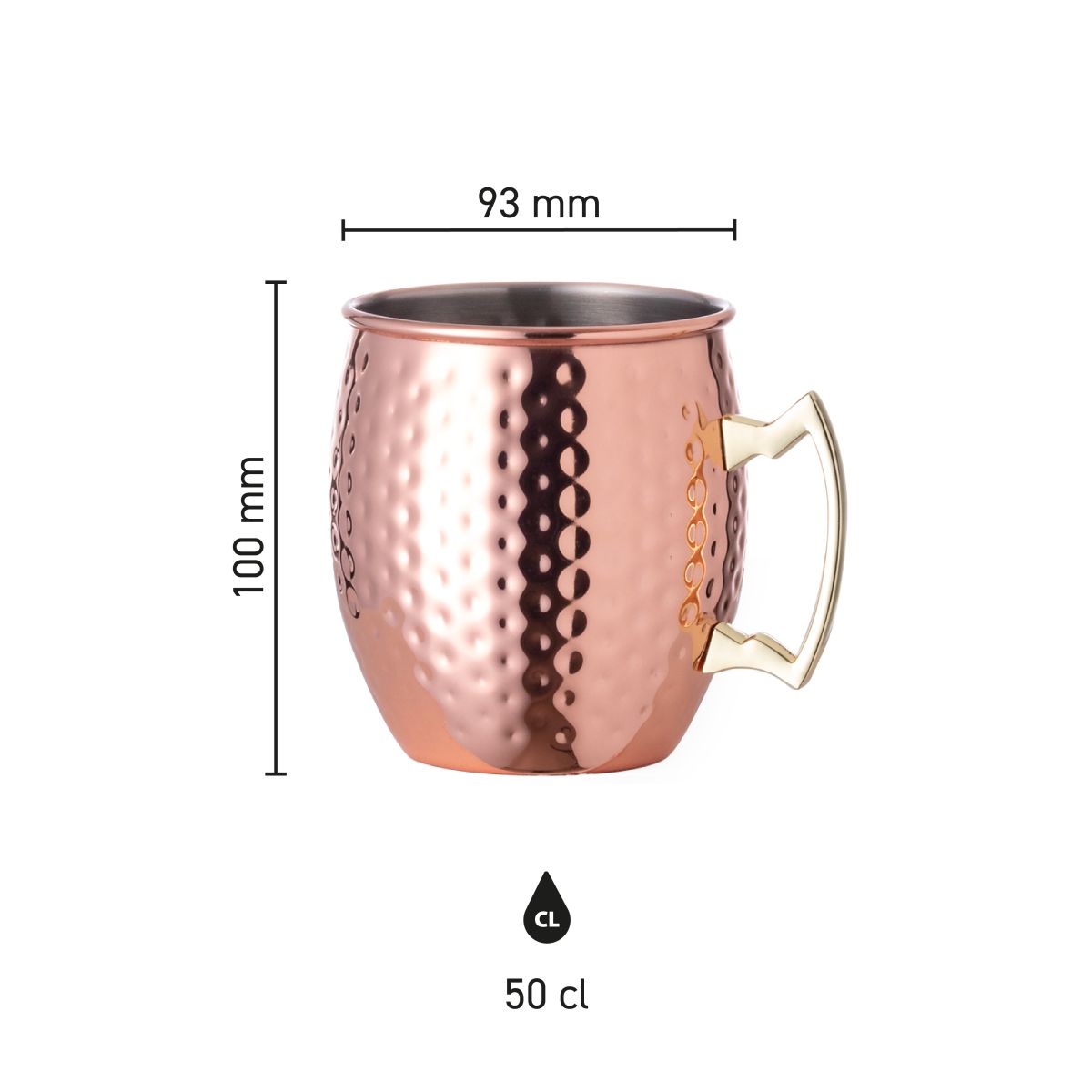 Infografik mit Abmessungen des Moscow Mule Bechers 50 cl aus gehämmertem Edelstahl mit Angabe von Höhe und Durchmesser