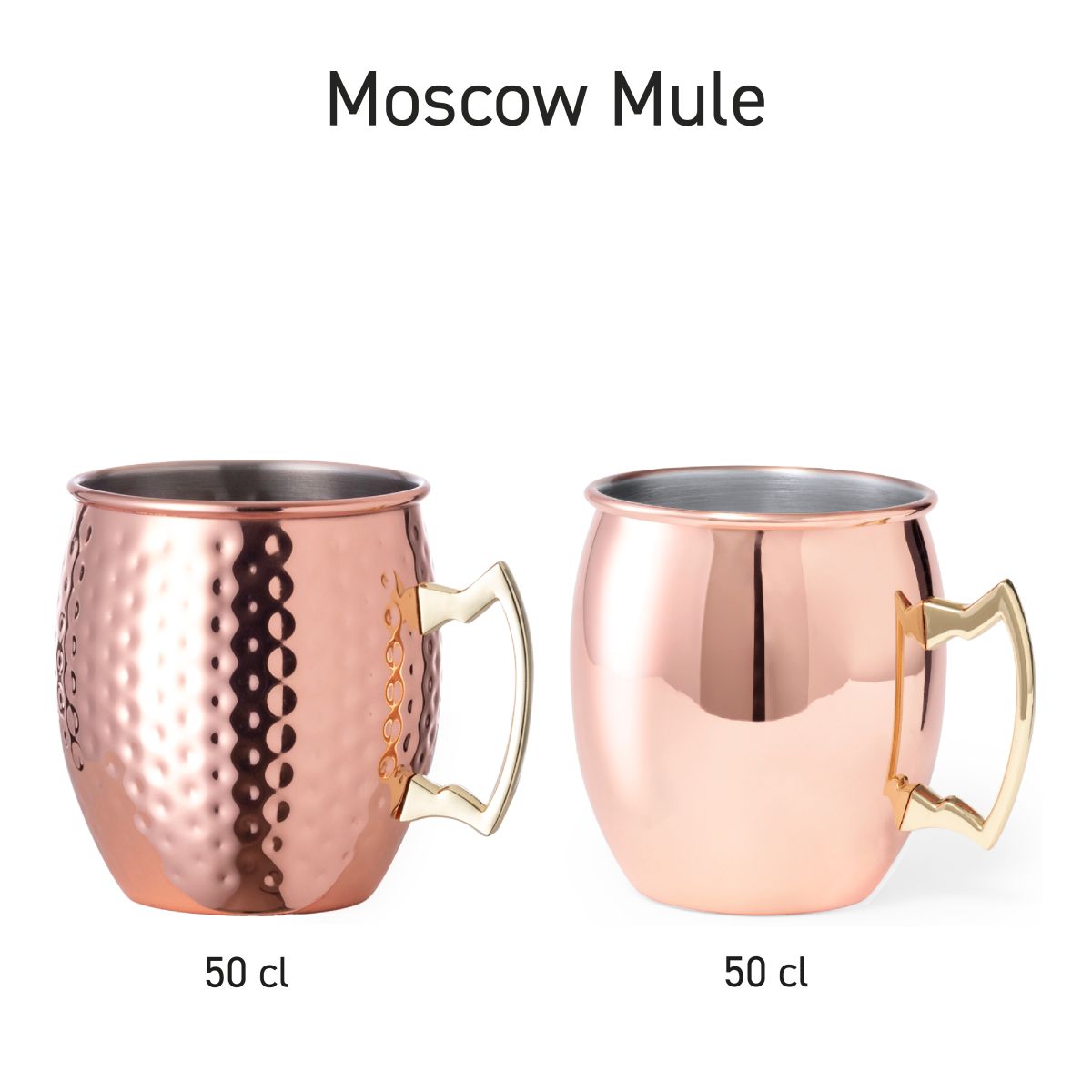 Serie von Moscow Mule Bechern 50 cl aus gehämmertem Edelstahl, nebeneinander angeordnet mit identischem Design