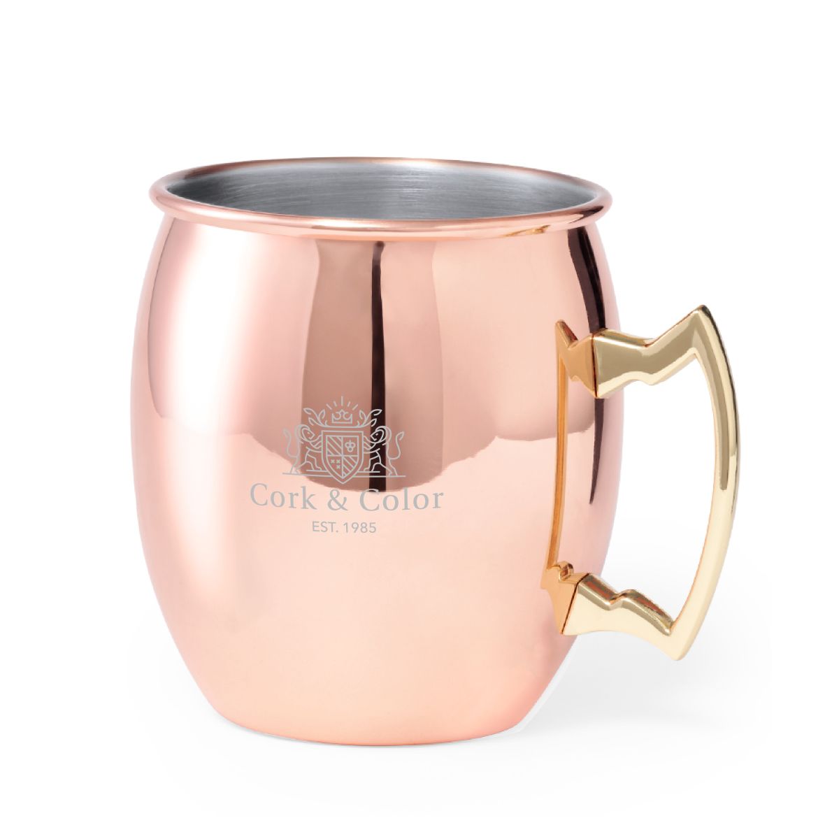 Moscow Mule Becher 50 cl.  aus Edelstahl von 50 cl mit eingraviertem CorkColor Logo auf der Vorderseite des Bechers.