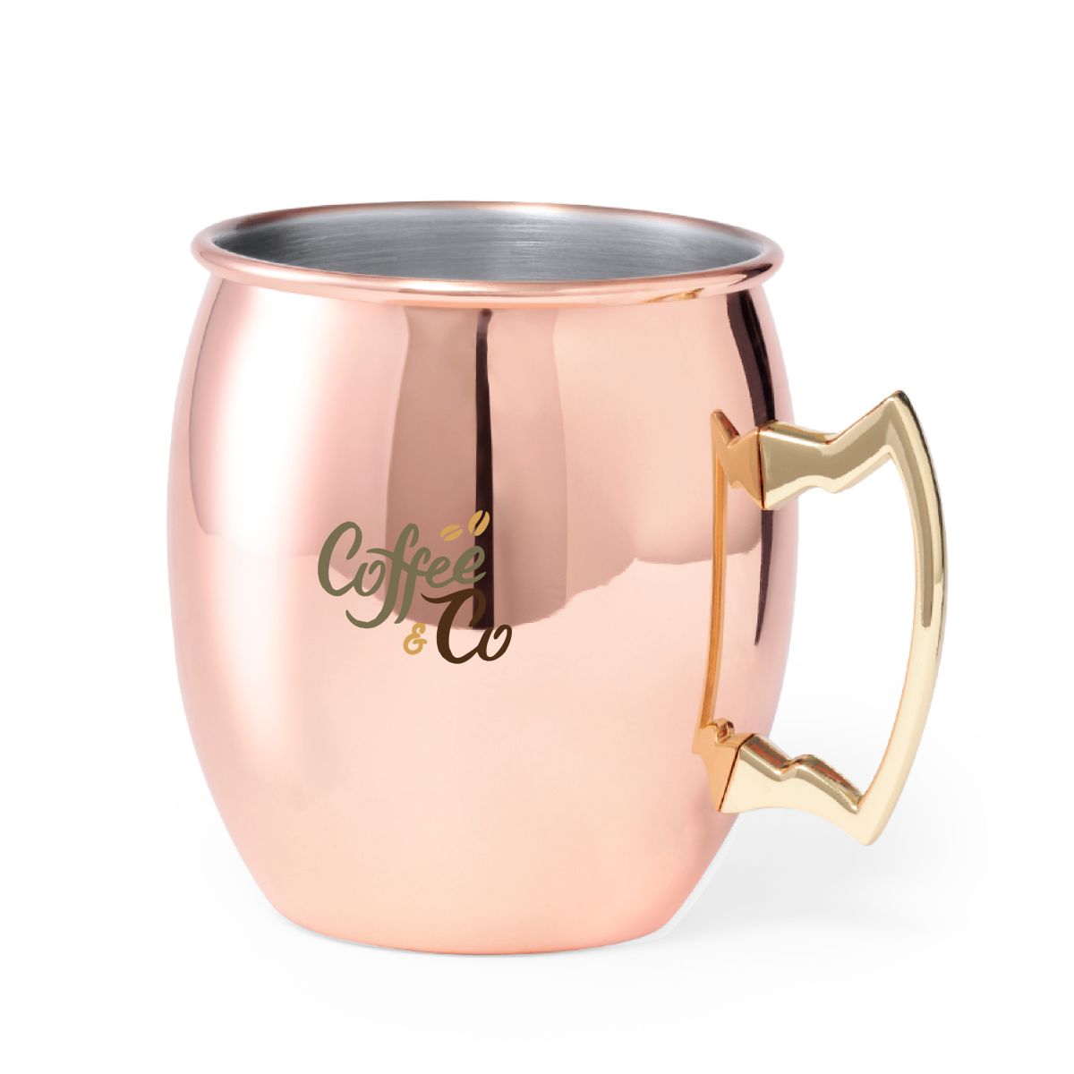 Moscow Mule Becher 50 cl. aus rostfreiem Stahl von 50 cl mit CoffeeCo Logo in Farbe auf der Vorderseite des Metallbechers.