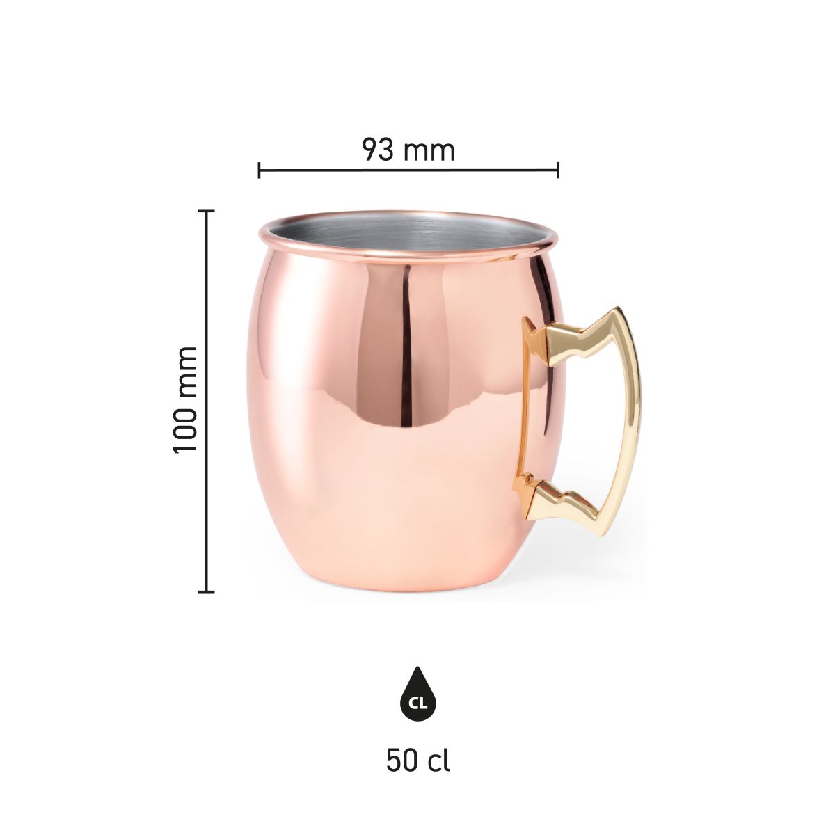 Infografik mit den Produktabmessungen eines 50cl-Edelstahlbechers für einen Moscow Mule, einschließlich Höhe und Breite.