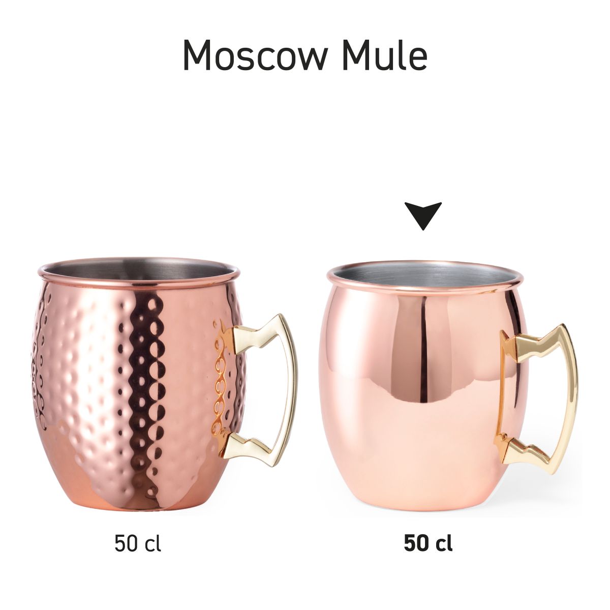 Serie von mehreren Moscow Mule Becher 50 cl. , die als Set mit gleicher Metalloberfläche gezeigt werden.